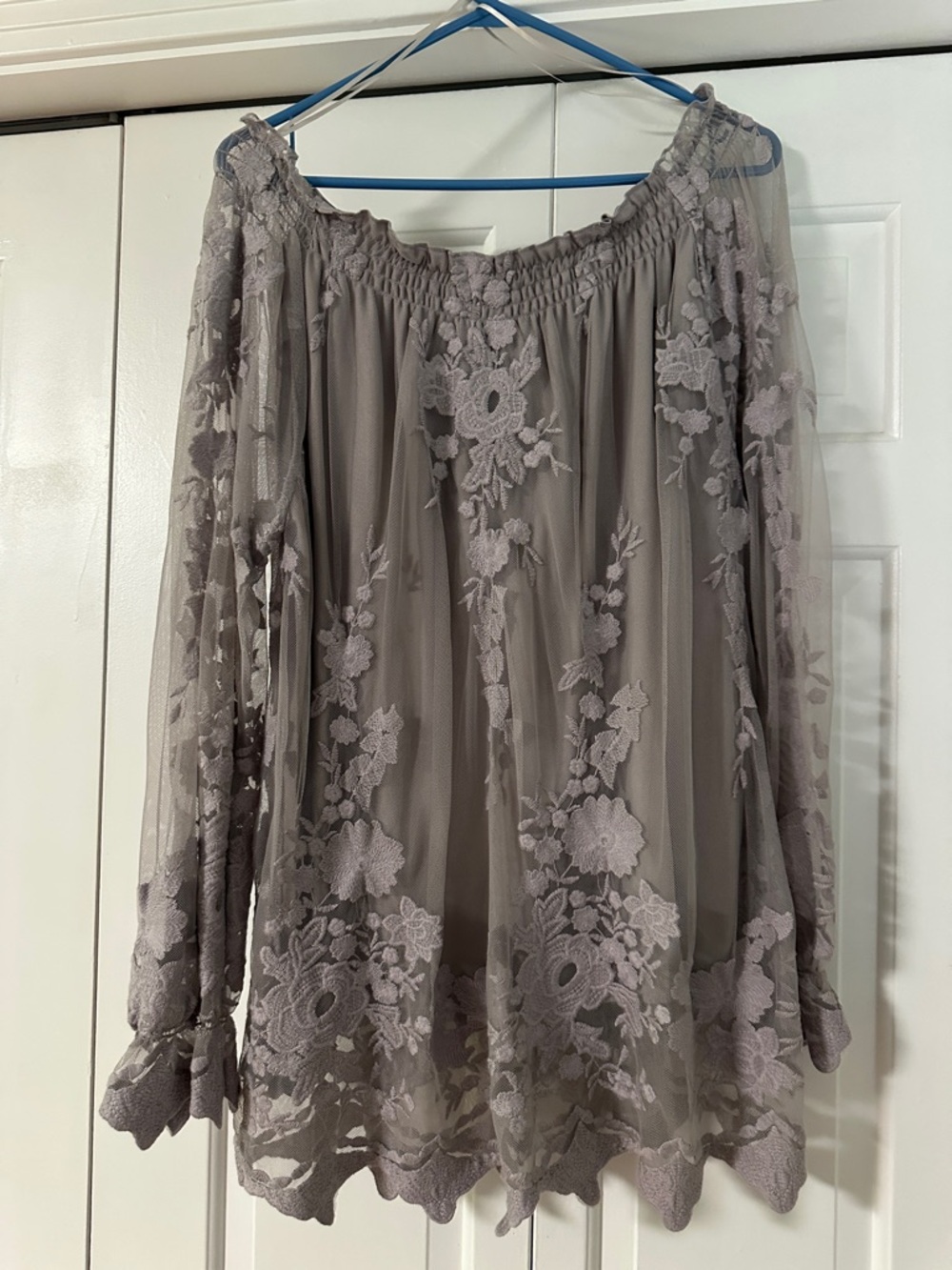 Marled Taupe Lace Off-Shoulder Blouse